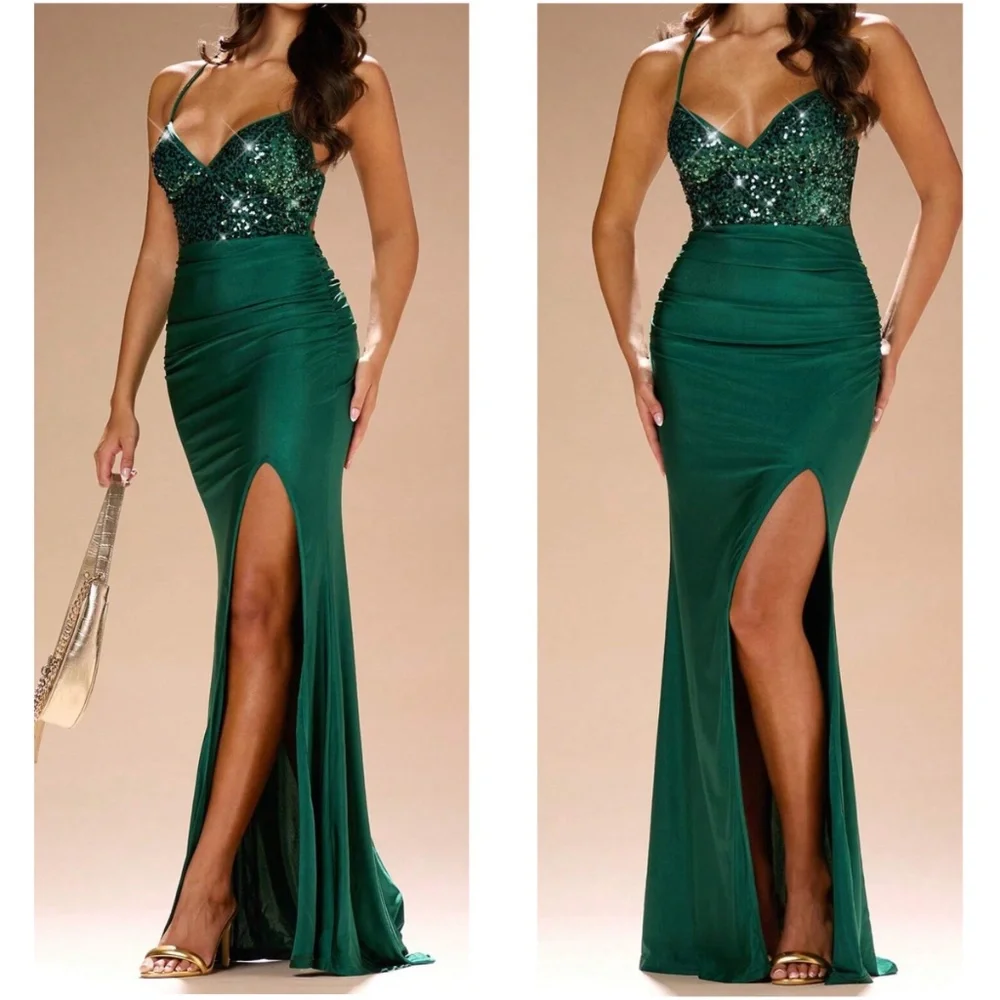 Luxe Sequin Satin Criss Cross Lace up Prom Formal Party Dress - Picture 3 of 9
